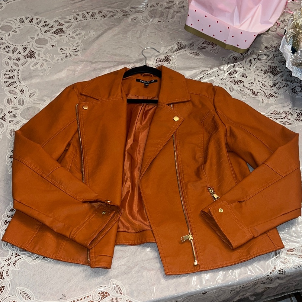 Baccini Orange Faux Leather Moto Jacket